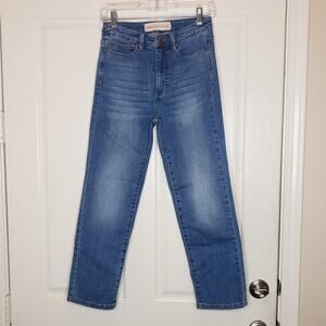 Soft Surroundings high rise straight leg denim jeans, medium blue, size 4.